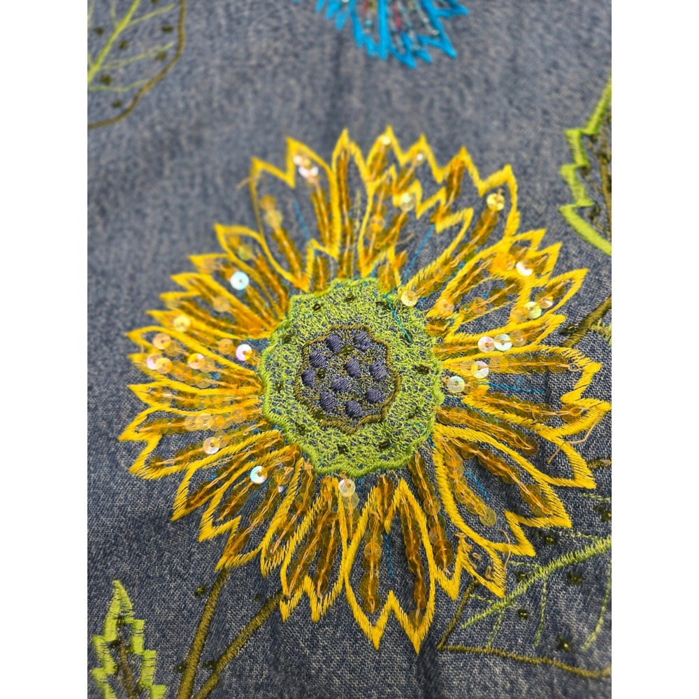 Vintage Embroidered Sunflower Ladybug Denim Jacket Blue Large L Cotton Pockets - Picture 12 of 16